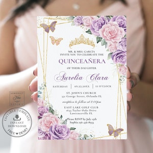 MODIFIABLE Violet Lilas Rose pâle Floral Roses Or Papillons Quinceañera Invitation Coing 15 XV 16e anniversaire Télécharger fichier imprimable QC58