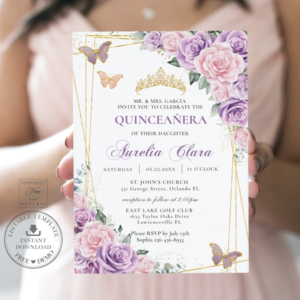 EDITABLE Purple Lilac Pale Pink Floral Roses Gold Butterflies Quinceañera Invitation Quince 15 XV 16th Birthday Download Printable File QC58