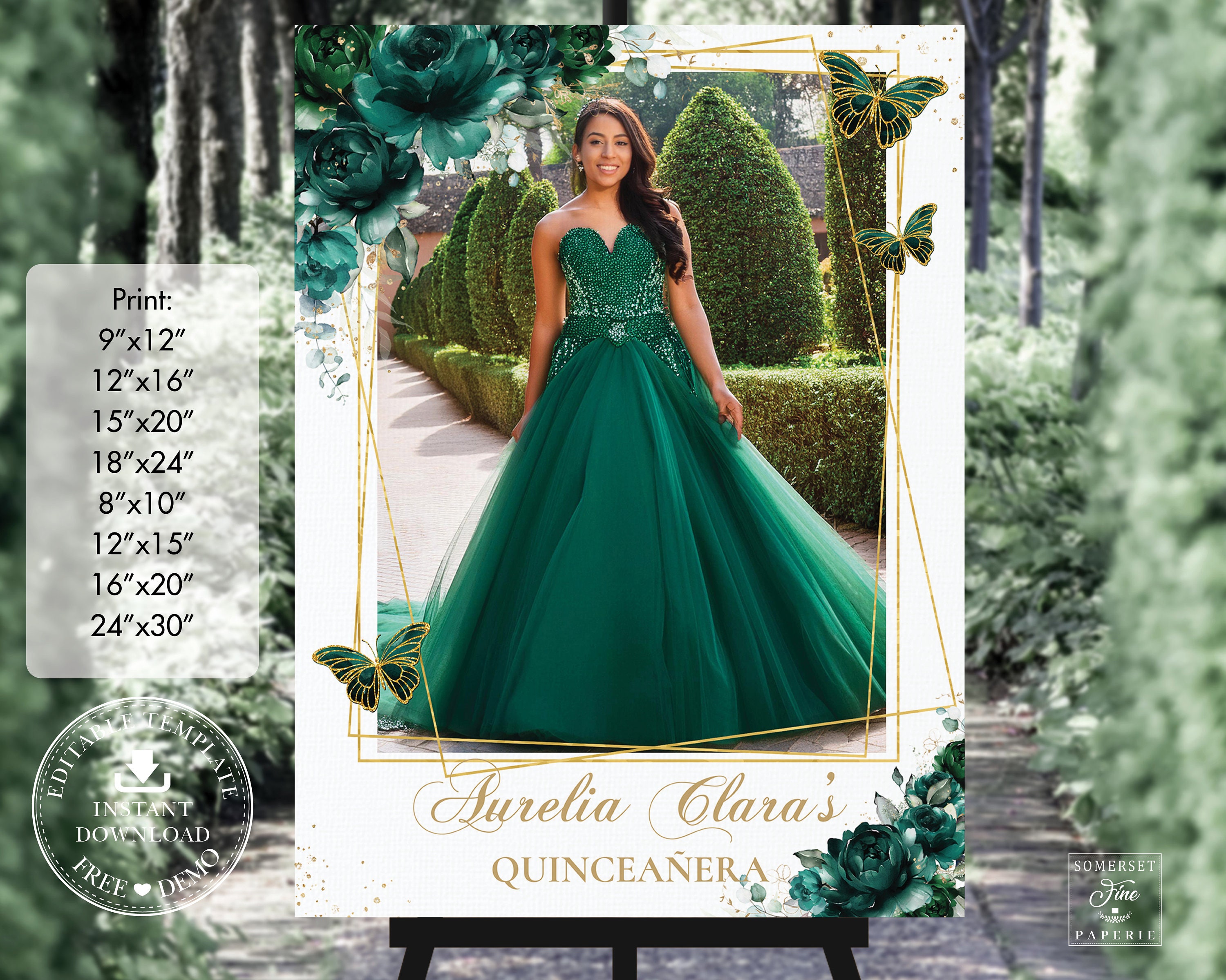 Emerald Green Floral Quinceañera Picture Photo Welcome Sign Printable EDITABLE TEMPLATE Quince 15 Sweet 16 Birthday Butterflies Download QC9