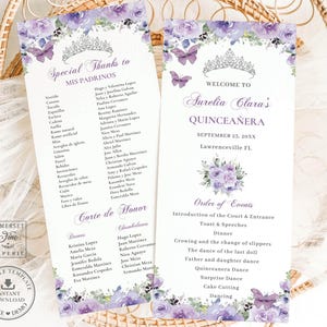May include: Two white event programs with purple floral and butterfly accents. The programs feature text including "Special Thanks to Mis Padrinos" and "Welcome to Aurelia Clara's Quinceañera". The programs are for a Quinceañera celebration.