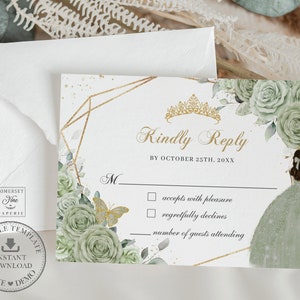 Sage Green Floral Gold Quinceañara RSVP Karte druckbare EDITIERBARE VORLAGE, Prinzessin Mis Quince 15 Anos Diy Birthday, Instant Download, QC43