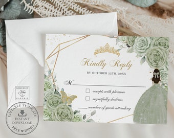 Puede incluir: Una tarjeta RSVP verde y dorada con un diseño floral y una corona dorada. El texto dice "Kindly Reply by October 25th, 20XX". Hay dos casillas de verificación para aceptar o rechazar la invitación y una línea para el número de invitados que asistirán.