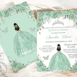 Könnte beinhalten: Eine Einladung zu einer Quinceañera mit einem grünen und weißen Blumendesign. Die Einladung zeigt eine Silhouette eines Mädchens in einem glitzernden grünen Kleid und einer Krone. Der Text lautet "MR. & MRS. GARCIA INVITE YOU TO CELEBRATE THE QUINCEAÑERA OF THEIR DAUGHTER AURELIA CLARA SATURDAY, SEPTEMBER 23, 20XX 11 O'CLOCK ST. JOHN'S CHURCH 331 George Street Orlando FL Reception to follow AT 2:00PM EAST LAKE GOLF CLUB 1633 Taylor Oaks Drive Lawrenceville FL RSVP to Sophia 256-456-8933 by July 15th"
