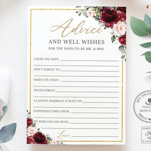Rat und Wünsche für Soon To Be Mr and Mrs, SOFORTIGER DOWNLOAD, Bordeaux Blush Rosa Floral Braut Shower Aktivität Pdf Druckbare Dateien, RB1