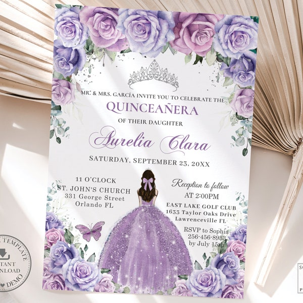 Lavender Lilac Purple Floral Silver Quinceañera Invitation INSTANT DOWNLOAD Quince 15 Anos Birthday Invite Printable EDITABLE Template QC37