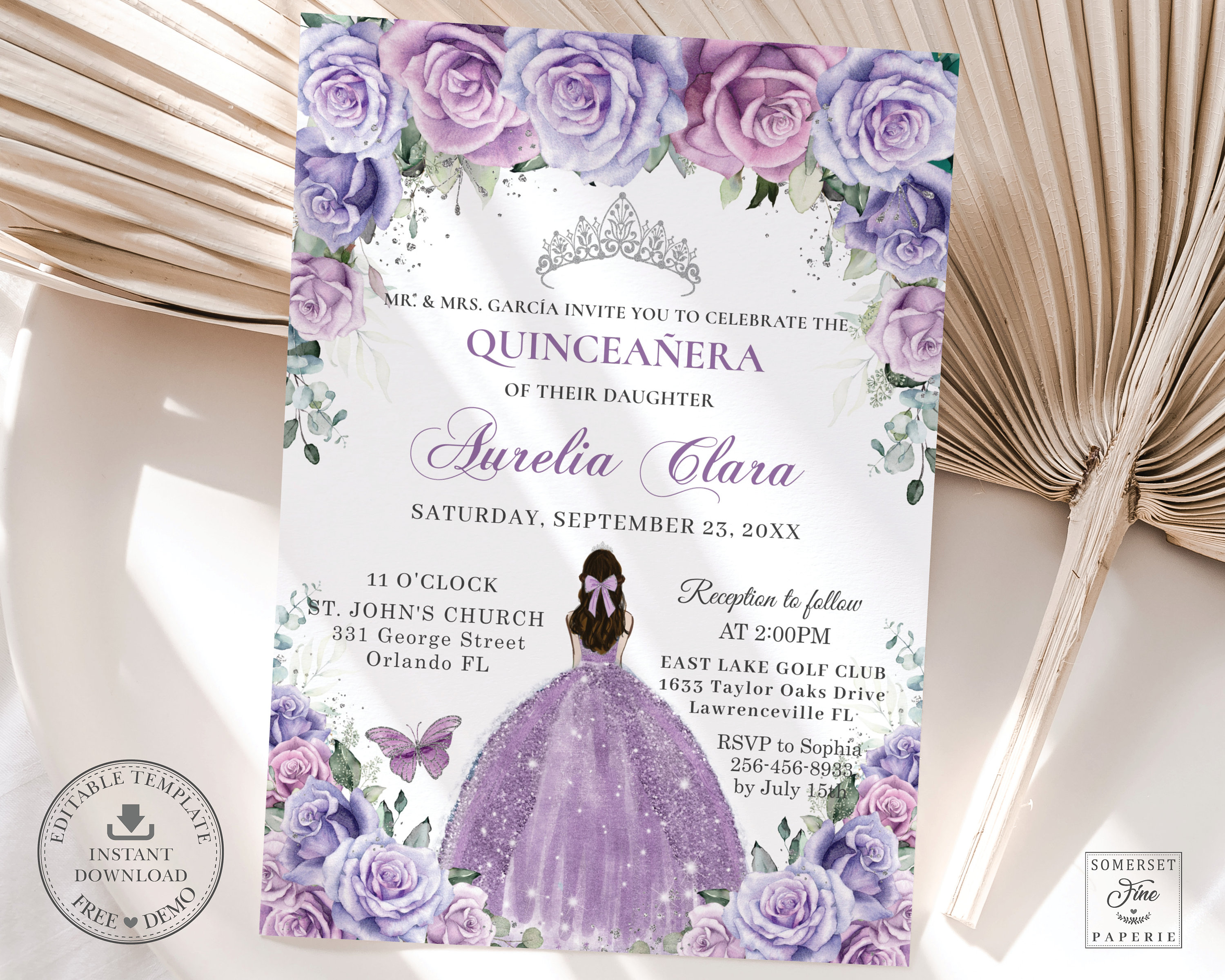 Light Purple Floral Roses & Silver Crown Quinceanera 5X7 Cardstock  Invitation