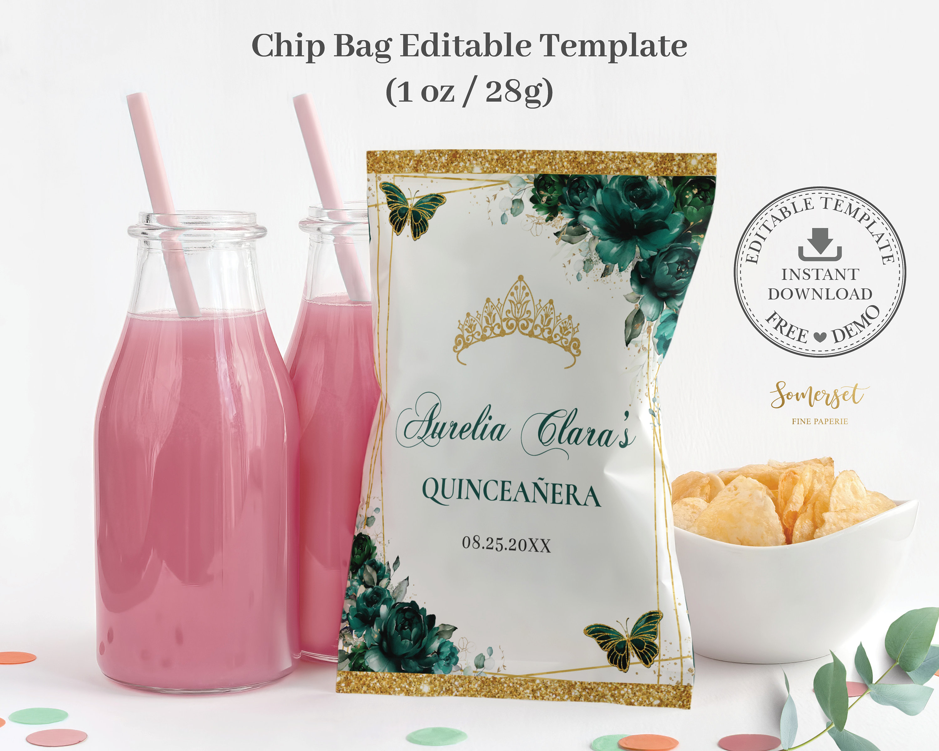 EDITABLE TEMPLATE Chip Bag Emerald Green Floral Butterflies Quinceañera Mis Quince 15 Anos Birthday Favor Instant Download PDF Printable QC9