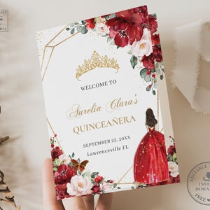 Red Blush Floral Princess Butterflies Quinceañera Program Printable EDITABLE TEMPLATE Padrinos Damas Order of Events Quince XV Birthday QC88