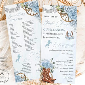 May include: Two elegant Quinceañera event programs. The design features light blue floral accents, a horseshoe, and a cowboy boot illustration. The programs include event details, names, and a list of events. The overall theme is a Quinceañera celebration.