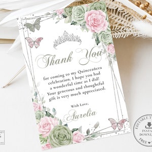 EDITABLE Sage Green Pink Floral Silver Butterflies Crown Quinceañera 4x6 Thank you Card Quince 15 Anos 16th Birthday Download Printable QC49