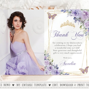 Purple Lilac Floral Butterflies Gold Quinceañera Picture Thank You EDITABLE TEMPLATE, Mis Quince 15 Anos Birthday, INSTANT Printable, QC3