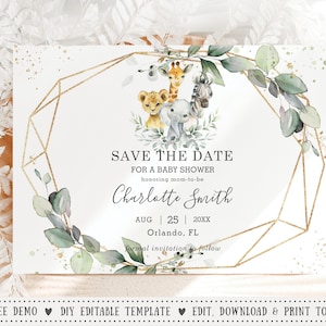 EDITABLE Jungle Animals Rustic Greenery Save the Date Card, Lion Elephant Giraffe Baby Shower Birthday Baptism Printable Download File GR1