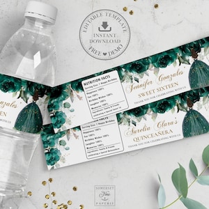 Emerald Green Floral Princess Quinceañera Sweet 16 Water Bottle Labels EDITABLE TEMPLATE Birthday Wrappers Stickers Printable INSTANT QC9