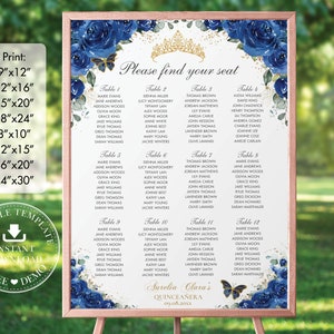 Royal Blue Floral Quinceañera Seating Chart Printable, EDITABLE TEMPLATE, Mis Quince 15 Anos 18th 16th Birthday Diy INSTANT Download QC16