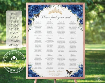 Royal Blue Floral Quinceañera Seating Chart Printable, EDITABLE TEMPLATE, Mis Quince 15 Anos 18th 16th Birthday Diy INSTANT Download QC16