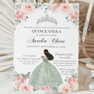 EDITABLE Template Blush Pink Floral Roses Silver Quinceañera Invitation Printable Sage Green Dress Quince 15 Sweet 16 Birthday Download QC7