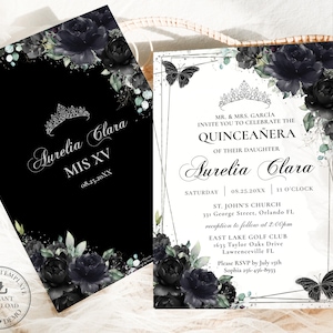 Black Silver Floral Flowers Butterflies Quinceañera Invitation EDITABLE TEMPLATE Mis Quince 15 XV 16 Birthday Download Printable File QC25