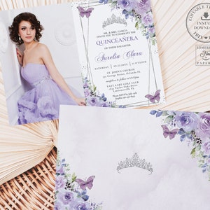 Purple Lilac Floral Butterflies Silver Quinceañera Picture Invitation EDITABLE TEMPLATE, Mis Quince 15 Anos Birthday, INSTANT Printable, QC3 zdjęcie 2