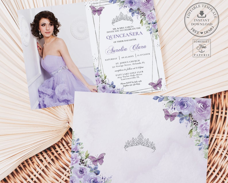 Purple Lilac Floral Butterflies Silver Quinceañera Picture Invitation EDITABLE TEMPLATE, Mis Quince 15 Anos Birthday, INSTANT Printable, QC3 zdjęcie 2