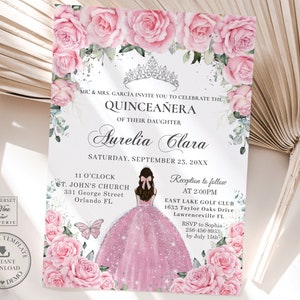 Pink Floral Silver Quinceañera Invitation Printable, EDITABLE TEMPLATE, Mis Quince 15 Anos 16th Birthday Diy Invite, INSTANT Download, QC24
