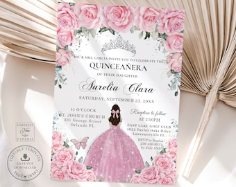 Pink Floral Silver Quinceañera Invitation Printable, EDITABLE TEMPLATE, Mis Quince 15 Anos 16th Birthday Diy Invite, INSTANT Download, QC24