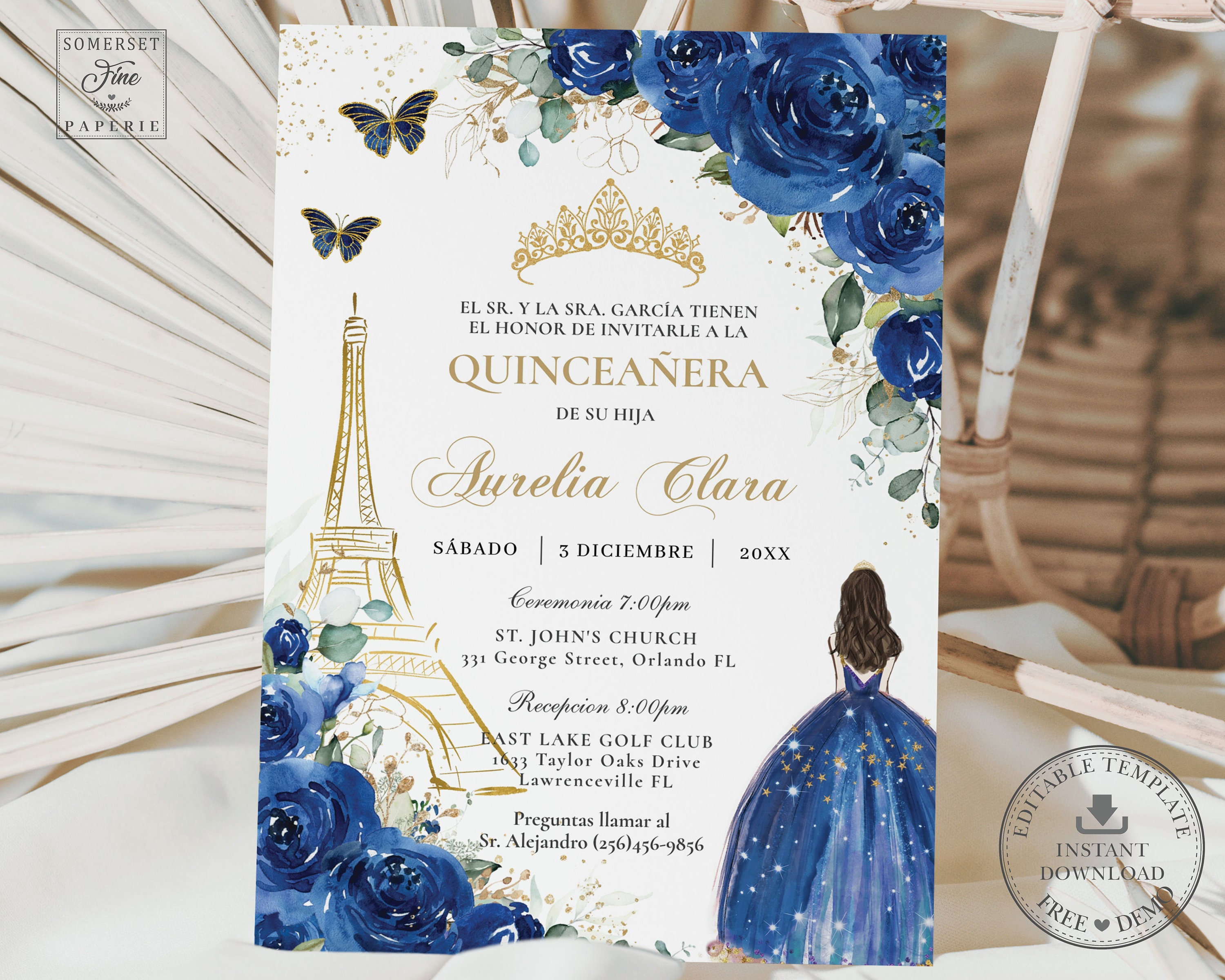 Royal Blue Floral Gold Eiffel Tower Paris Quinceañera Invitation INSTANT  DOWNLOAD Quince 15th 16th Birthday Editable Template Printable QC16 - Etsy  México, image size:3000x2400