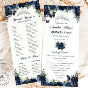May include: Two navy blue and white Quinceañera event programs. The programs feature floral and butterfly accents, tiaras, and event details. The text includes "Special Thanks to" and "Order of Events."
