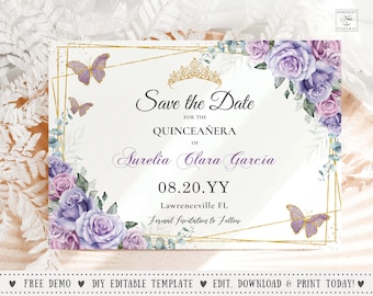 May include: A formal invitation with a floral and butterfly design. The invitation reads "Save the Date" for a Quinceañera, with the name Aurelia Clara Garcia and the date 08.20.YY. The text "Lawrenceville FL" is also included.