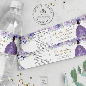 Purple Lilac Floral Quinceanera Water Bottle Label, EDITABLE TEMPLATE, 15th 16th Birthday Wrapper Sticker Printable, INSTANT Download QC3