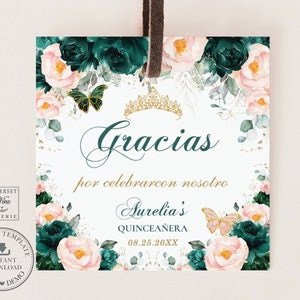 EDITABLE 2" Square Labels Tags Stickers Emerald Blush Floral Butterflies Gold Quinceaneara 15th Birthday Sweet 16 Printable Download QC20