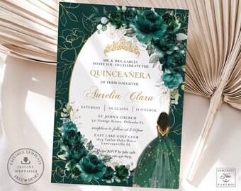 May include: Green and gold quinceañera invitation with a floral design and a silhouette of a girl in a green dress. The text reads "MR. & MRS. GARCÍA INVITE YOU TO CELEBRATE THE QUINCEAÑERA OF THEIR DAUGHTER Aurelia Clara SATURDAY 08.25.20XX | 11 O'CLOCK ST. JOHN'S CHURCH 331 George Street, Orlando FL reception to follow at 2:00pm EAST LAKE GOLF CLUB 1633 Taylor Oaks Drive Lawrenceville FL Please RSVP by July 15th Sophia 256-456-8933"