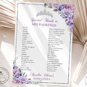 Purple Lilac Lavender Floral Silver Quinceañera Mis Padrinos List ...