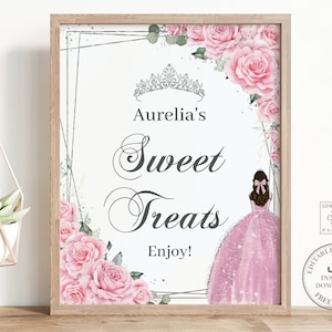 EDITABLE Pink Floral Silver Princess Dress Quinceañera Candy Buffet Sweet Treats 8"x10" Sign Printable Quince XV Sweet 16 15th Birthday QC24