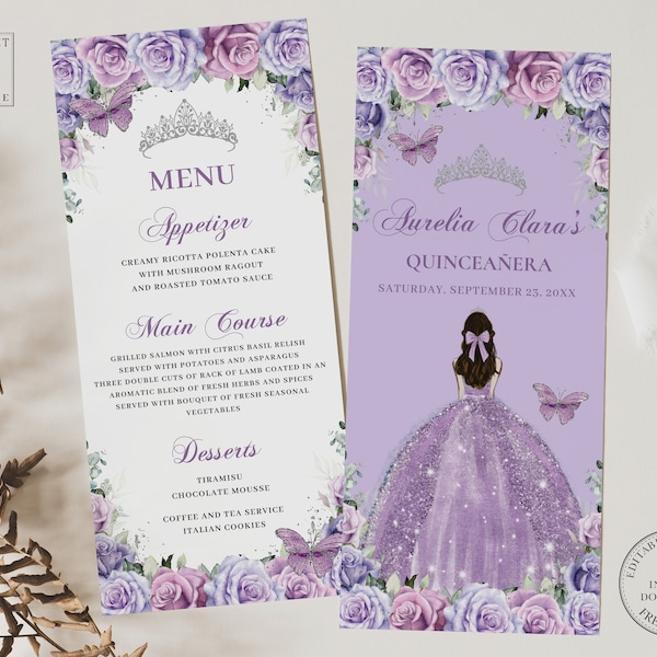 EDITABLE Purple Lavender Lilac Floral Silver Quinceañera Menu Butterflies Sweet 16 Birthday Mis Quince XV Girl Gown Printable Download QC37