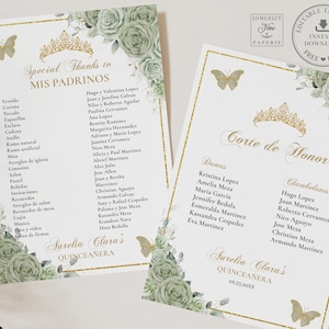 Sage Green Floral Gold Quinceañera Mis Padrinos List Corte De Honor ...
