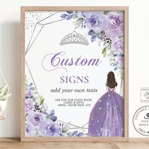 Lilás Roxo Floral Prata Quinceañera Sinais personalizados para impressão MODELO EDITÁVEL, Tiara Mis Quince 15 Anos 16º Aniversário Download INSTANTÂNEO QC3