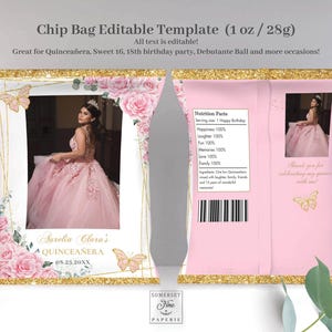 May include: Pink chip bag template with gold glitter edging, featuring a photo of a woman in a pink gown. The text reads "Chip Bag Editable Template" and "Quinceañera". Includes a nutrition facts label and butterfly graphics.