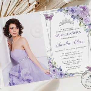 Purple Lilac Floral Butterflies Silver Quinceañera Picture Invitation EDITABLE TEMPLATE, Mis Quince 15 Anos Birthday, INSTANT Printable, QC3 zdjęcie 1