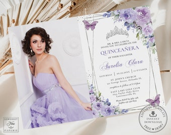 Purple Lilac Floral Butterflies Silver Quinceañera Picture Invitation EDITABLE TEMPLATE, Mis Quince 15 Anos Birthday, INSTANT Printable, QC3