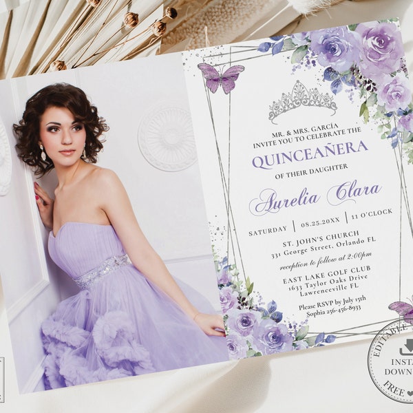 Purple Lilac Floral Butterflies Silver Quinceañera Picture Invitation EDITABLE TEMPLATE, Mis Quince 15 Anos Birthday, INSTANT Printable, QC3