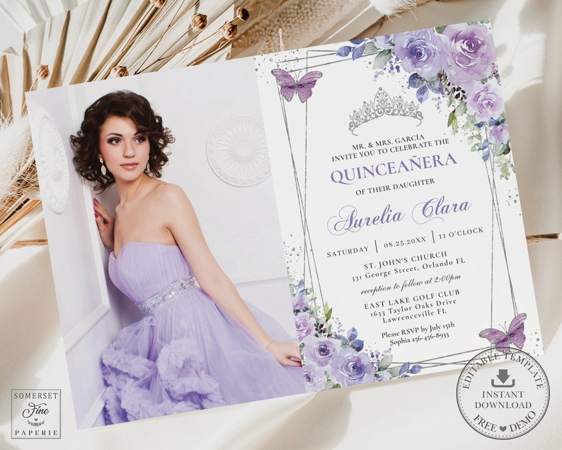 Purple Lilac Floral Butterflies Silver Quinceañera Picture Invitation EDITABLE TEMPLATE, Mis Quince 15 Anos Birthday, INSTANT Printable, QC3 zdjęcie 1