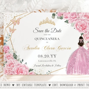 Pink Floral Gold Quinceañera Save the Date Card EDITABLE TEMPLATE Princess Crown Roses Flowers Quince 15th Birthday Sweet 16 INSTANT QC24