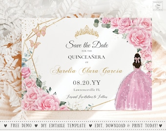 May include: A save the date card for a Quinceañera with a gold geometric frame, pink flowers, butterflies, and a crown. The text reads "Save the Date for the Quinceañera of Aurelia Clara Garcia 08.20.YY Lawrenceville FL Formal Invitation to Follow."