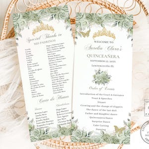 EDITABLE Slim Sage Green Floral Roses Floral Gold Quinceanera Program Quince XV Birthday Order of Events Padrinos Court Damas Download QC43