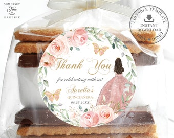 May include: A round sticker with a watercolor floral design in shades of pink and green. The sticker features a young woman in a pink dress, butterflies, and the text "Thank You for celebrating with us! Aurelia's Quinceañera 08.25.20XX".
