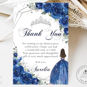 Royal Blue Floral Princess Silver Quinceañera Thank You Card EDITABLE TEMPLATE, Mis Quince 15 16th Birthday Instant Download Printable QC16
