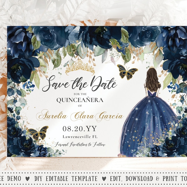 Navy Blue Floral Gold Quinceañera Save the Date Card INSTANT DOWNLOAD Princess Tiara Roses Mis Quince 15th Birthday EDITABLE Template QC17