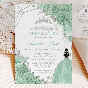 Mint Green Floral Silver Quinceañera Invitation INSTANT Download Mis Quince 15 XV Sweet 16 Birthday Invite Printable EDITABLE Template QC89