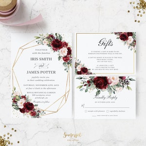 Blumen Hochzeitseinladung RSVP Wishing Well Karte EDITIERBARE VORLAGE | Hochzeit Printable | Burgund Blush Pink Blumen | Sofort Download RB1