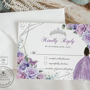 Purple Lilac Lavender Roses Floral Silver Quinceañera RSVP Card Printable EDITABLE TEMPLATE Brown Princess Quince 15 Sweet 16 Birthday QC37